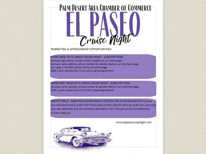 El Paseo Cruise Night sponsorship flyer imported from Publisher into BrochureBoss, with its display lettering, purple rounded panels, pricing text and a vintage car drawing.