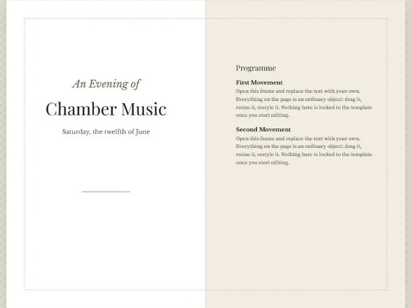 A bi-fold concert program in BrochureBoss, saved as a .bboss file you keep.