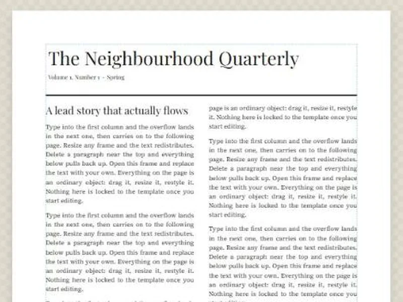 A two-column newsletter in BrochureBoss with one story flowing from the first column into the second.