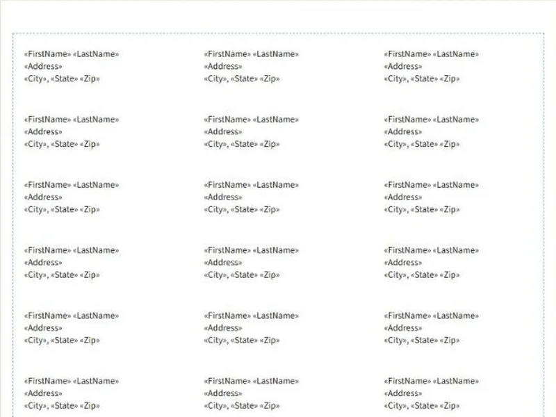 A sheet of mailing labels in BrochureBoss with FirstName, LastName, Address, City, State and Zip merge fields.