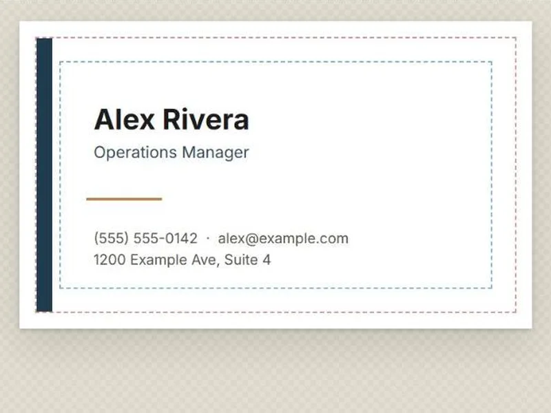 A business card in BrochureBoss with the bleed and trim lines shown for a print shop.