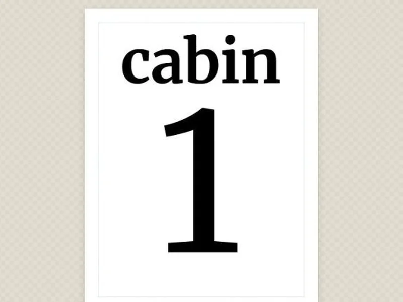 A Publisher cabin sign imported into BrochureBoss: the word cabin above a large number 1.
