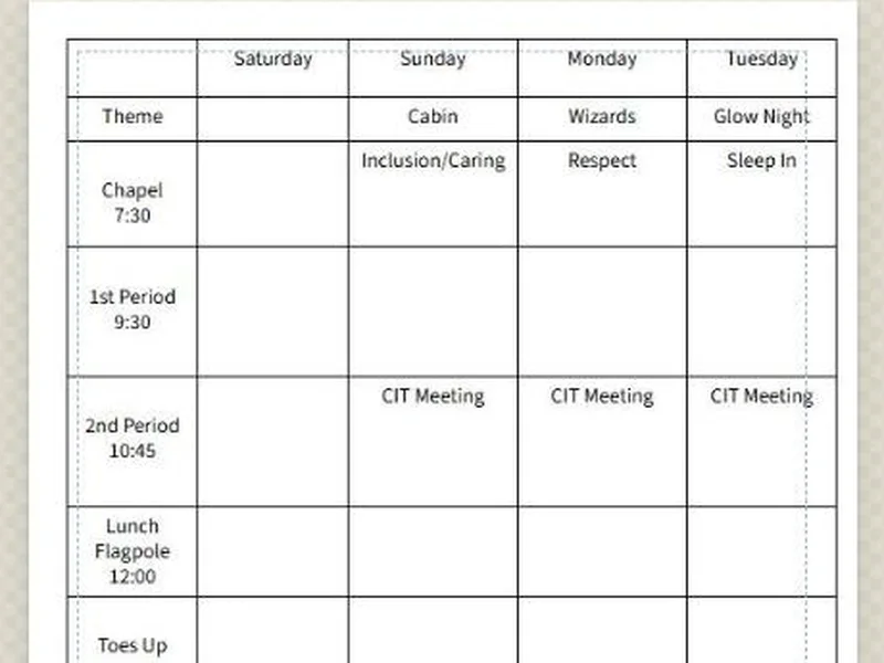 A weekly camp schedule imported from Publisher as an editable BrochureBoss table.