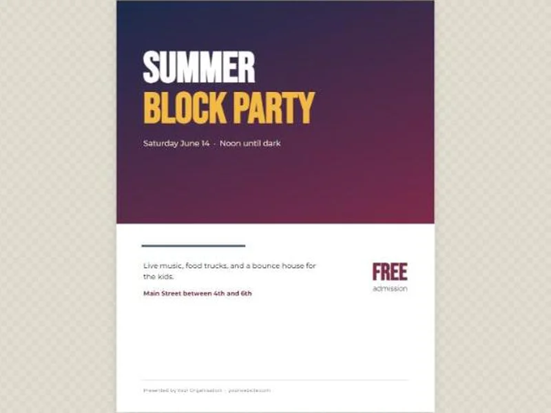 The Event flyer template in BrochureBoss: Summer Block Party on a purple gradient banner.