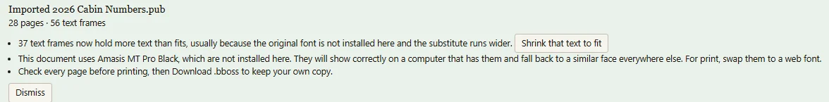 The import report BrochureBoss shows after opening a file: 28 pages and 56 text frames, a note that some text runs wider because the original font is missing with a Shrink that text to fit button, and a reminder to check every page.